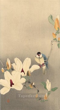 花 鳥 Painting - 青い鳥と木蓮 大原古邨新版画